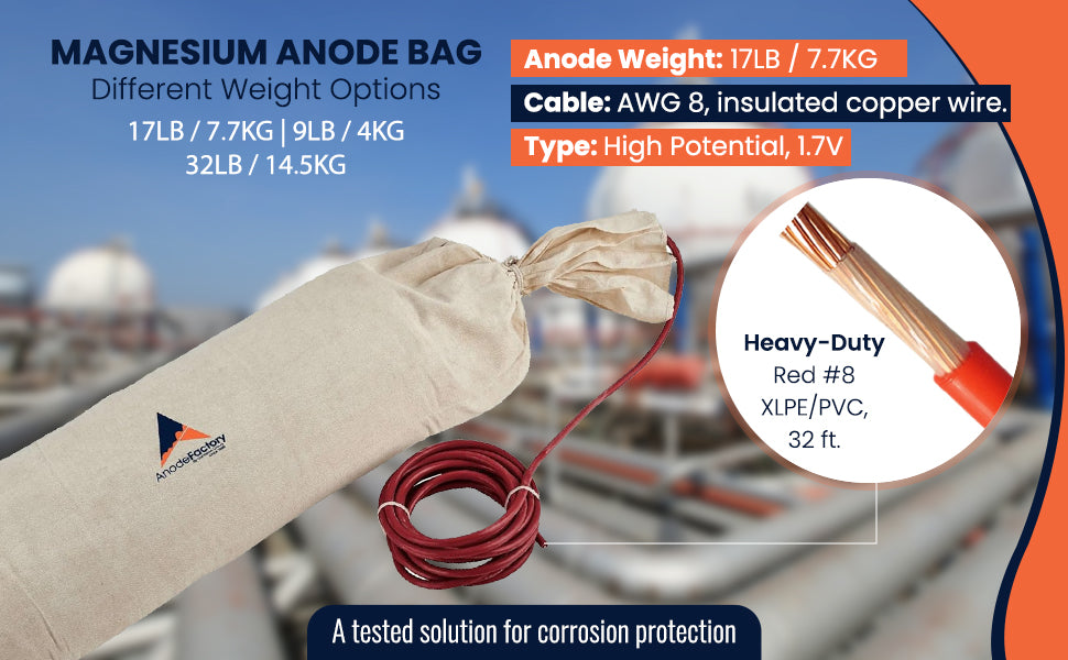 Magnesium Anode Bag 7.7KG/17lb 1.7V, INCL 32 ft. of 8 gauge red XLPE/PVC cable, for underground propane tanks and pipes